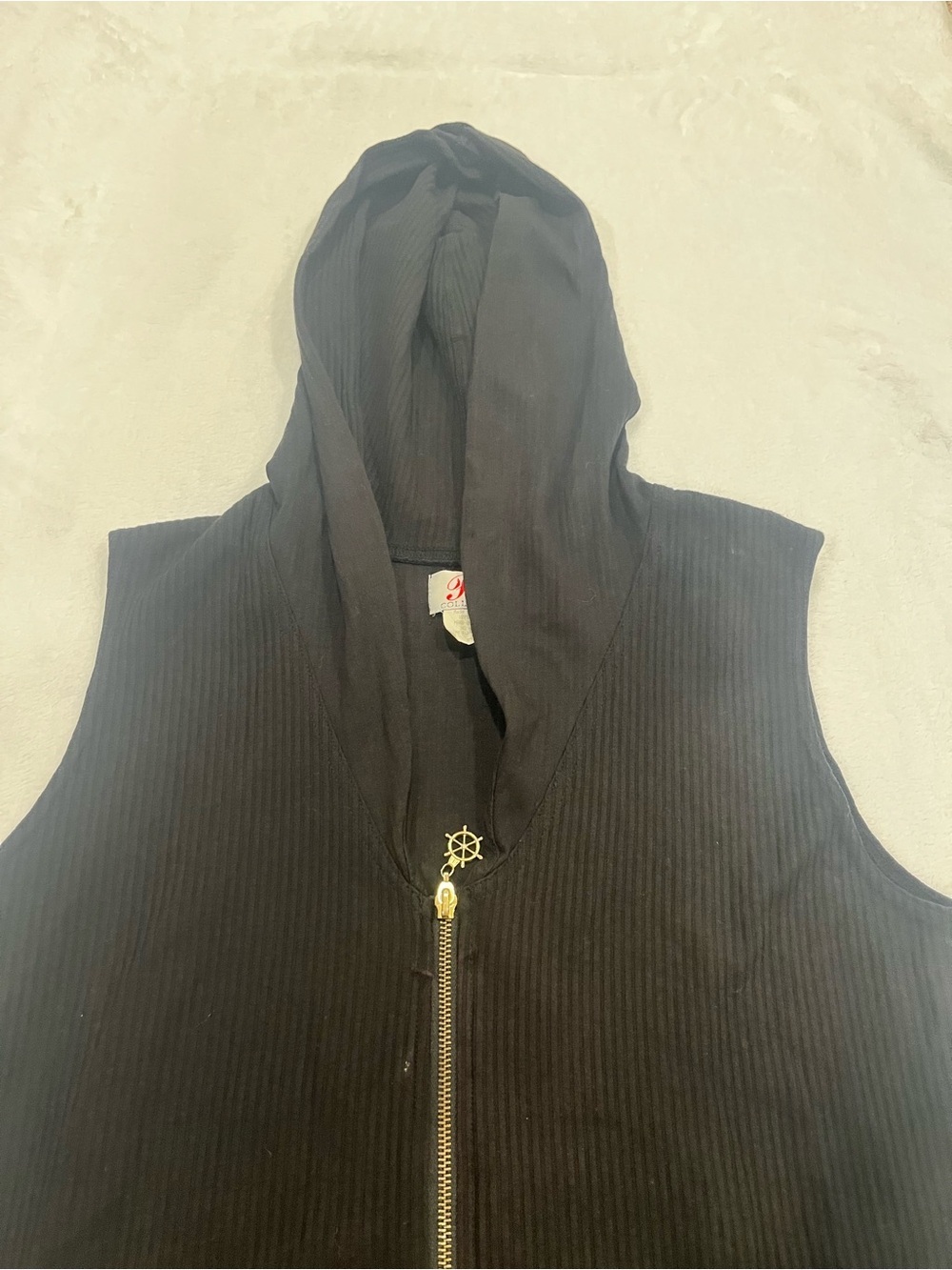 Vintage P.C. Collections Black Ribbed Hooded Vest Dress Zip Up Nautical Wheel-S - Picture 3 of 7
